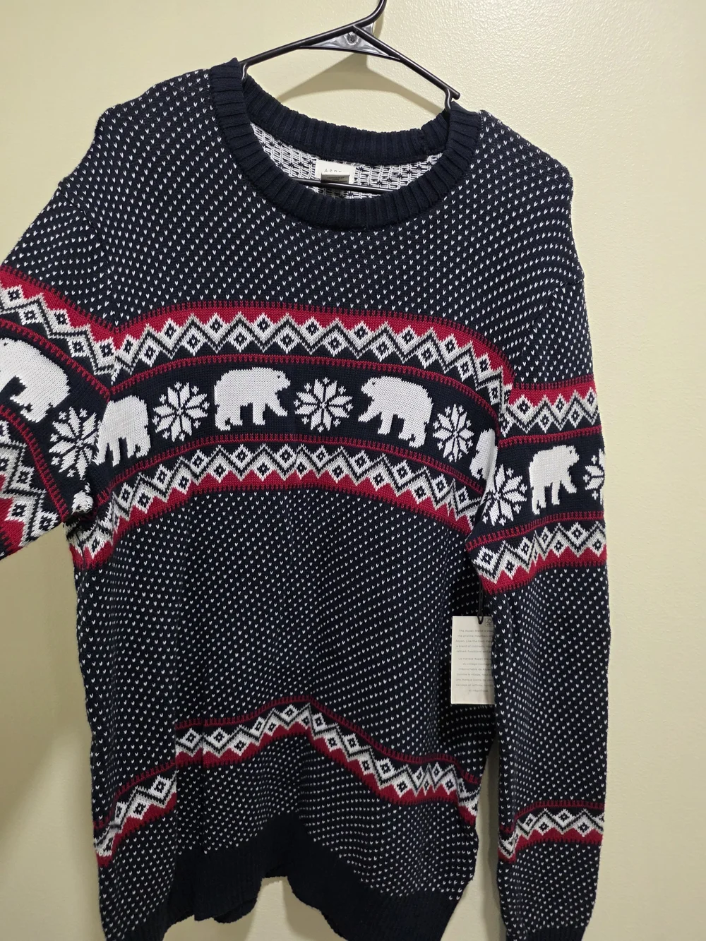 ​New Aspen Men's Holiday Sweater Navy Blue Polar Bear Fair Isle Print Size L